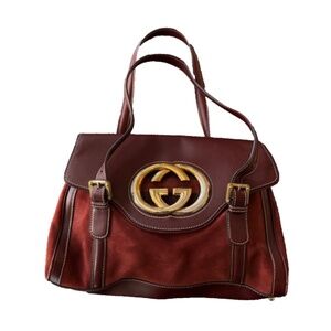 Gucci Vintage 2005 Burgundy Suede Leather GG Flap Top Handle Bag VG+ Rare Y2K
